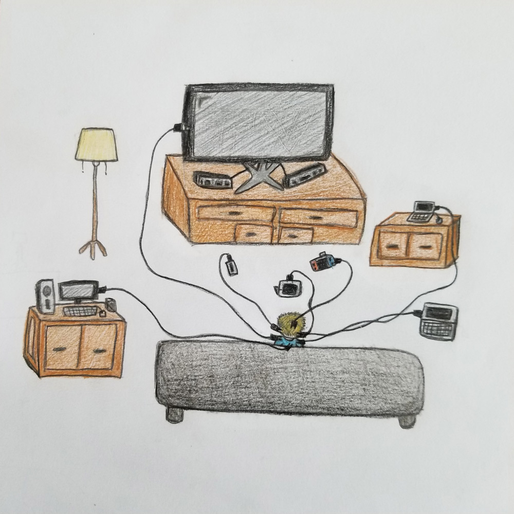 Tyler D, Always Plugged In, pencil, pencil crayons, 9 x 9 in.
