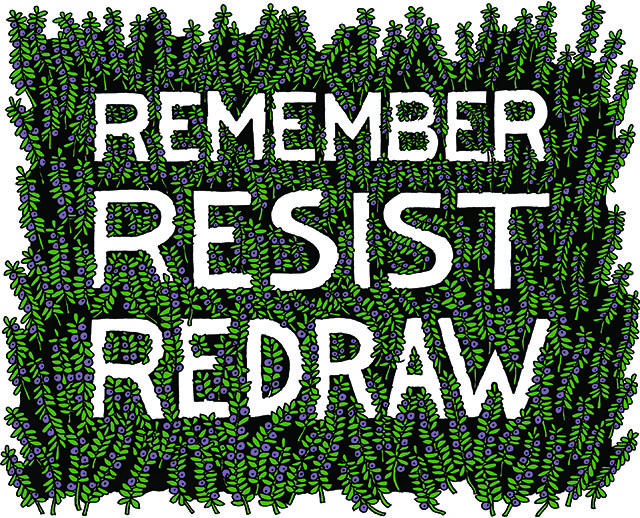 White text Remember, Resist, Redraw on a background of green and purple foliage.