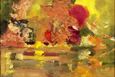 Abstract painting with dabs of colour. Main colours are yellow, green, red and orange. 