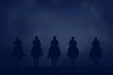 5 silhouettes of Sikh warriors on horses.