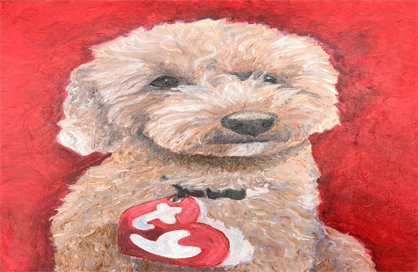 oil painting of a brown furry dog with a ty collar