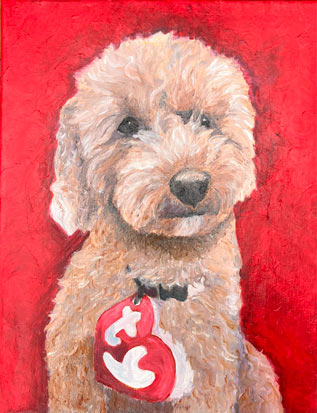 oil painting of a furry dog with a ty collar